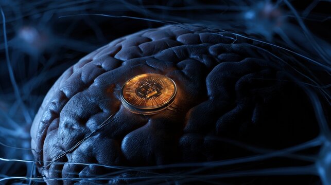 Neural implant is displayed in brain tissue, glowing softly and interacting with unperturbed neural connections, indicating long-term stability.