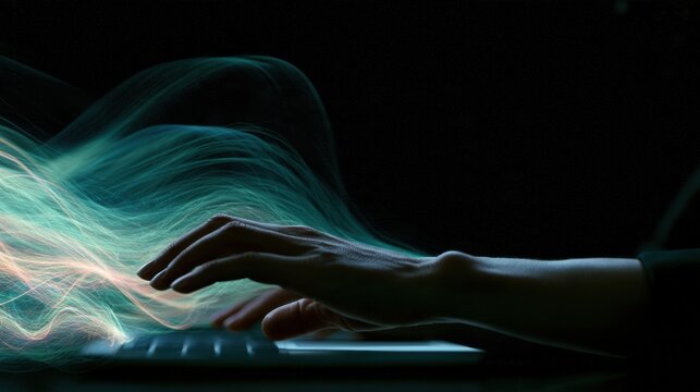 The scene shows a person typing with fast hand movements, illustrating neural keyboard BCI technology against a dark background.
