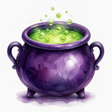 Watercolor purple witch cauldron with bubbling green potion, Halloween magic potion illustration isolated on white background