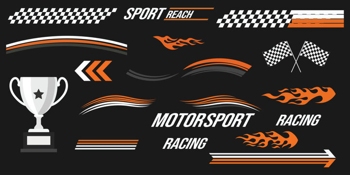 Motorsport racing graphic set featuring checkered flags trophy speed lines flames car silhouettes and orange accents for automotive posters banners decals apparel and promotional design print projects