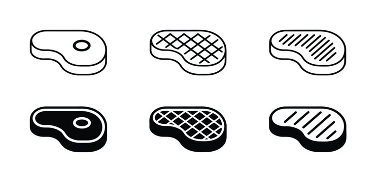 Raw steak icon set in flat black linear style showing different cuts of beef meat.