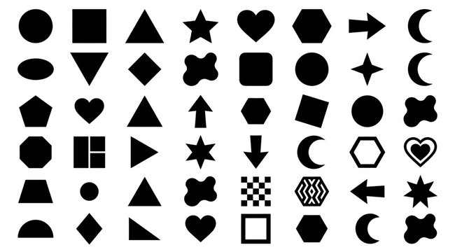 Collection of various black geometric shapes, icons, and symbols