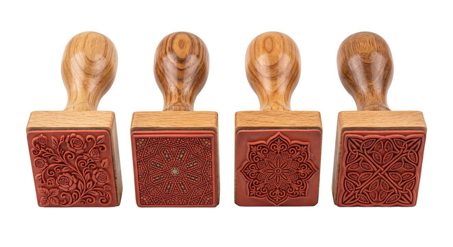 Four wooden handle rubber stamps with floral, geometric, mandala and leaf ornament patterns, handmade craft stamp set