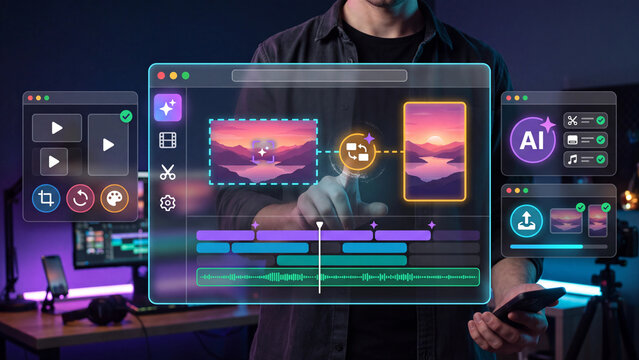 AI assistant for editing, auto-editing, smart video editor, automatic music selection and video production.