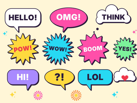 Comic Speech Bubbles and Burst Effects Vector Set with Cartoon Sound Words POW WOW BOOM OMG