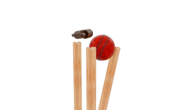 Red Shiny Cricket Leather Ball Hitting Wooden Stumps and Bails Side View Isolated Transparent Sports Photo