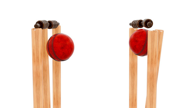 Red Shiny Cricket Leather Ball with Wooden Stumps and Bails Side View Isolated Transparent Sports Photo