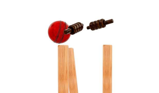 Red Shiny Cricket Leather Ball Hitting Wooden Stumps and Bails Side View Isolated Transparent Sports Photo
