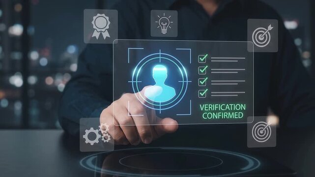 User touching holographic biometric face recognition avatar with green confirmed verification checkmark, personal credentials security checklist, and night cityscape blurred background.