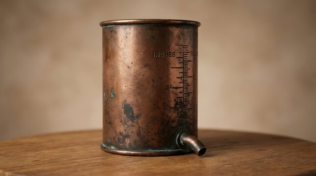 Antique brass measuring cup with rustic patina and wooden handle on a rustic surface copper measuring container rustic kitchenware brass kitchen utensil vintage cooking equipment retro measuring