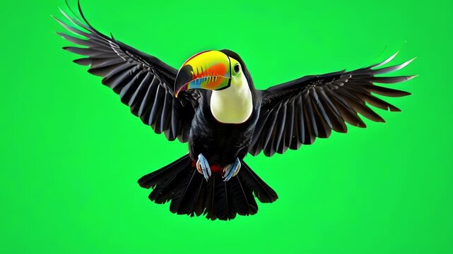 Exotic toucan bird with vibrant bill flying steadily through the air against a bright green screen background for chroma key