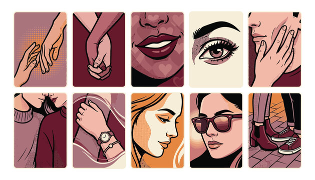 A vibrant collection of pop art portraits exploring beauty fashion and modern expression through bold colors and imagery