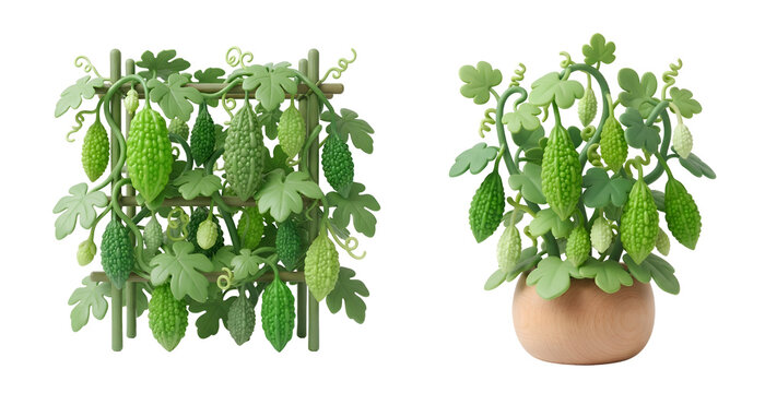 Bitter melon plants climbing on wooden trellis and growing in decorative pot rendered in vibrant green shades isolated on transparent background