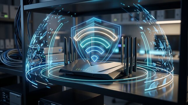 Wireless router with digital shield icon representing secure network