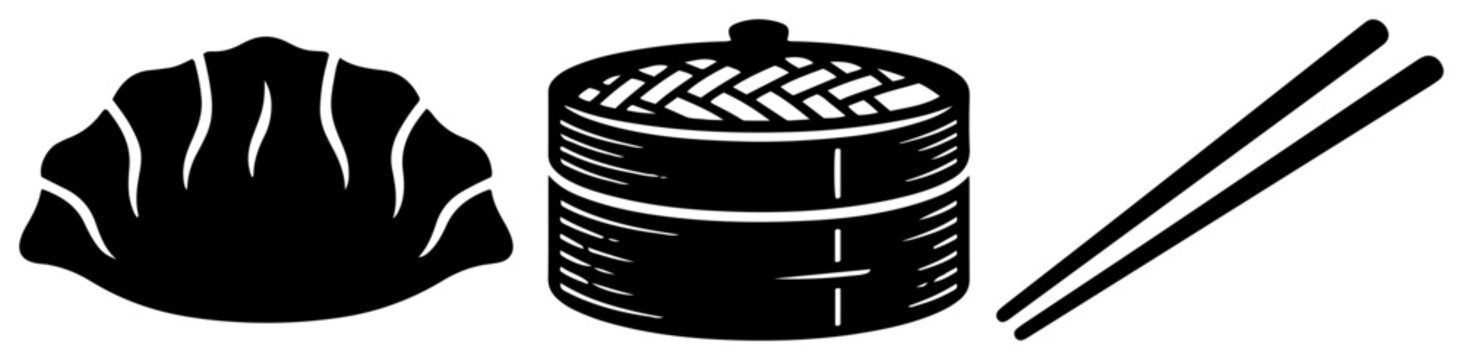 Dumpling with bamboo steamer and chopsticks silhouettes