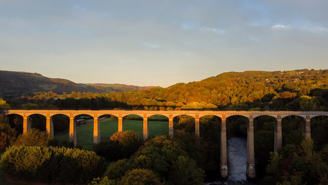 Pontcysyllte Aqueduct in early morning light spanning the River Dee valley