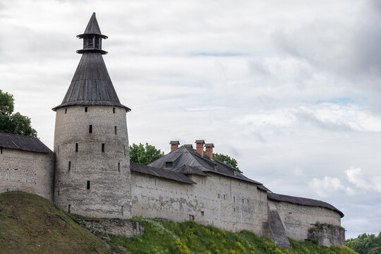 Kremlin of Pskov under cloudy sky, Russia. Ancient coastal fortification, hitorical monumant