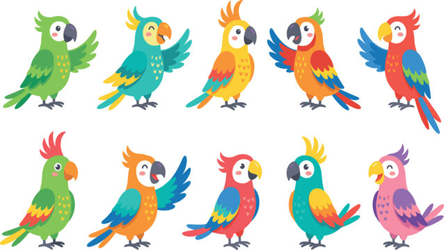 Cute colorful parrots cockatoo talking waving cartoon tropical birds vector illustrations set