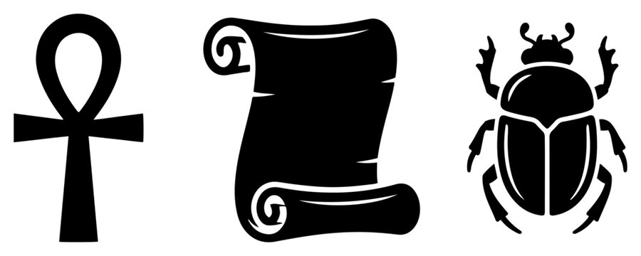 Egyptian ankh with scroll and scarab silhouettes