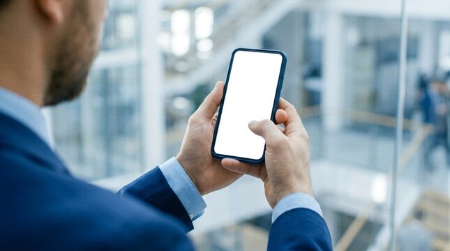 Hands holding blank screen smartphone mockup over shoulder in bright corporate atrium