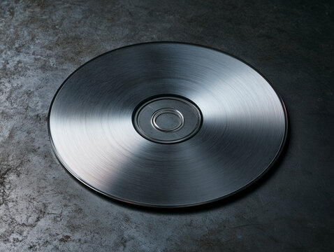 Blank silver compact disc on dark metal surface, retro optical media and obsolete digital technology concept