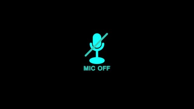 Microphone muted icon overlay with crossed mic symbol on black background, minimal mic off audio disabled indicator for video calls, streaming, podcasts and digital communication interfaces