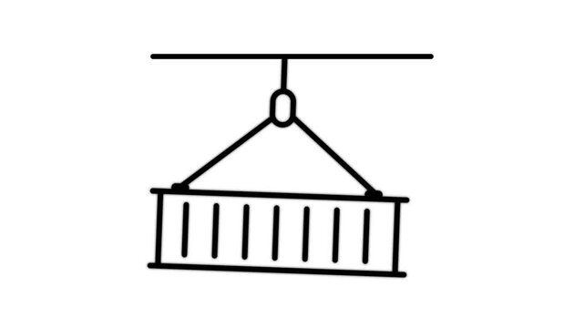 Animated shipping container icon swinging animation on white background.