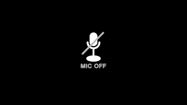 Microphone muted icon overlay with crossed mic symbol on black background, minimal mic off audio disabled indicator for video calls, streaming, podcasts and digital communication interfaces