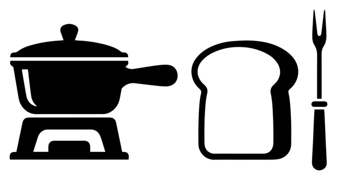 Fondue pot with bread slice and fork silhouettes
