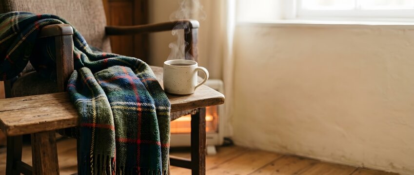 Cozy wooden chair with a plaid blanket and a steaming cup of hot tea.