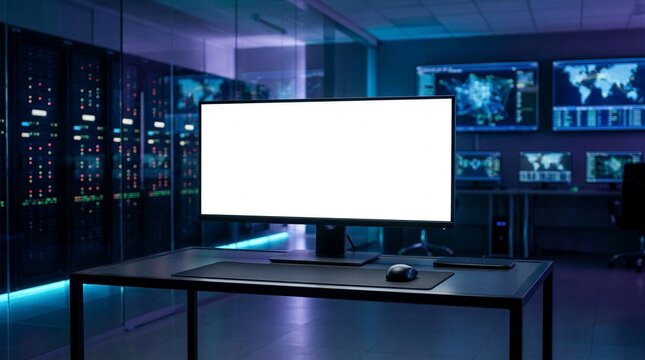 Ultrawide curved monitor screen mockup on black desk in dark datacenter server room