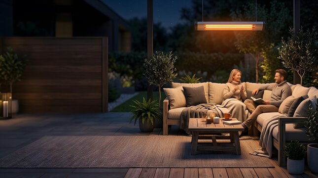 Cozy outdoor patio at night with a radiant heater warming a couple lounging on a sofa.
