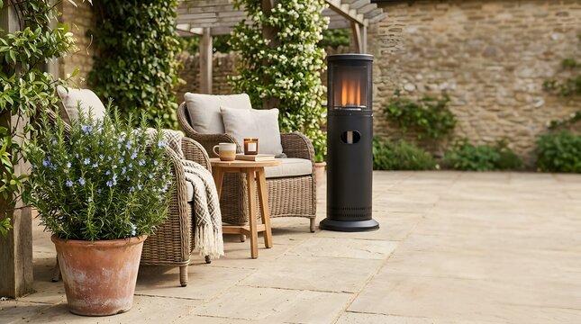 Cozy Outdoor Patio with Heater and Furniture.