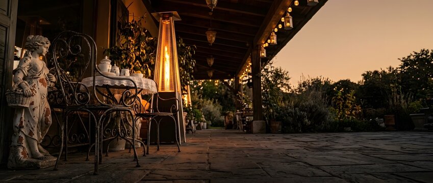 Evening ambiance on a cozy rustic patio with a lit outdoor heater and string lights at sunset.