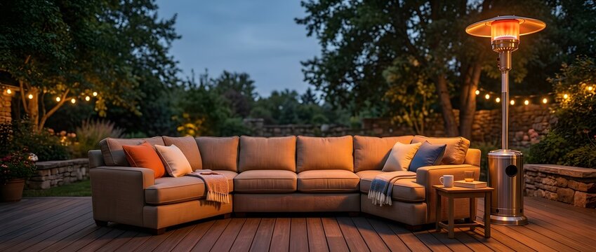 Evening relaxation on a cozy patio sectional under string lights with a warm heater.