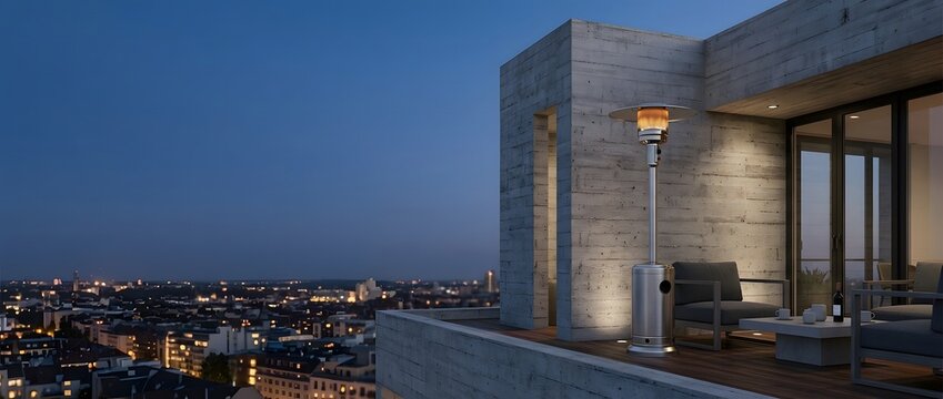 Evening view of city skyline from luxury rooftop terrace with heater.