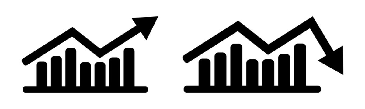 Bar graph with upward and downward arrows a flat two color icon on a white background