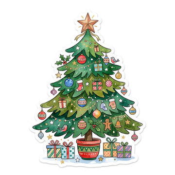 Christmas Tree watercolor sticker with die cut outline on transparent background