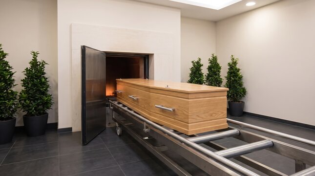 Wood coffin on metal rollers entering a cremation chamber through an open door in a modern crematorium room, with potted shrubs along the walls and tiled floor