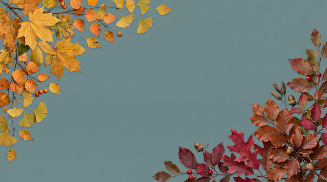 Charming diagonal autumn foliage composition featuring colorful yellow and red maple, oak, and ginkgo leaves arranged across a muted blue-gray background with generous central copy space
