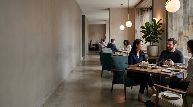 People enjoying a meal together at a modern restaurant interior.