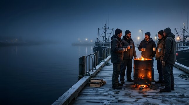 People gathered around a fire barrel on a wooden pier at dusk.