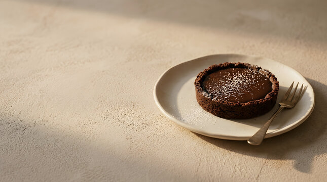 柔らかい日差しが差し込む空間で皿に盛られた濃厚な生チョコレートタルト。カフェのスイーツメニューやバレンタインの広告に使える広めの余白素材。