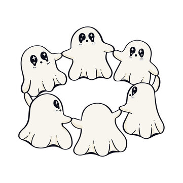 Adorable group of friendly Halloween ghosts with sparkling eyes arranged together in a playful cartoon illustration on a clean white background