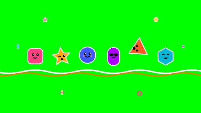 Cute animated geometric shapes bouncing on green background
