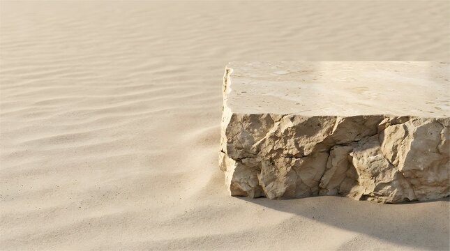 Raw chiseled limestone rock ledge podium on fine sand base