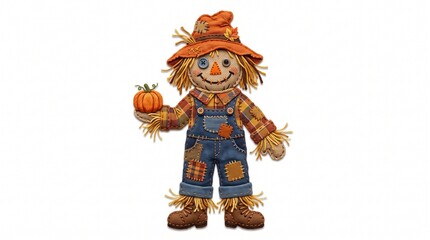 Fototapeta premium A handmade fabric scarecrow doll wearing denim overalls and a hat holding a small orange pumpkin on white background with button eyes straw
