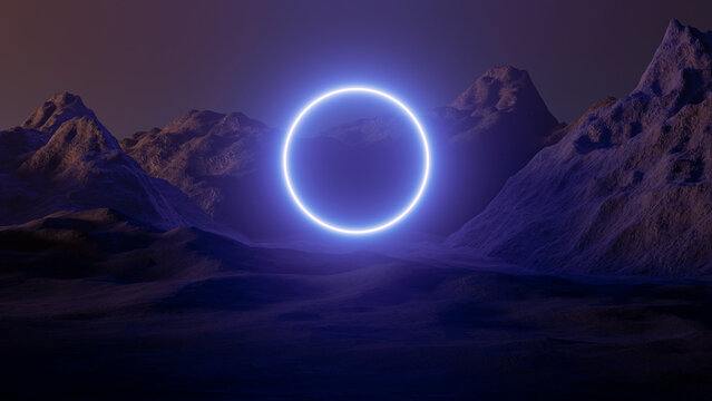 Futuristic sci-fi alien planet landscape with a glowing neon ring portal floating over dark mountains