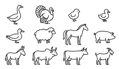 Untitled design - Farm Animals Thin Line Icon Set Goose Turkey Chick Duck Sheep Horse Pig © MstMunsura