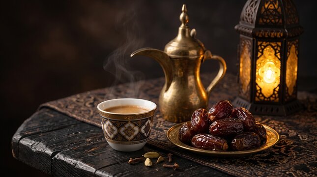 Arabic coffee in traditional dallah with sweet dates and glowing lantern on dark rustic wooden table